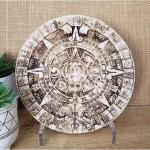 Vintage Hand Carved Aztec Mayan Sun Stone Calendar Round Wall Plaque Mexicana